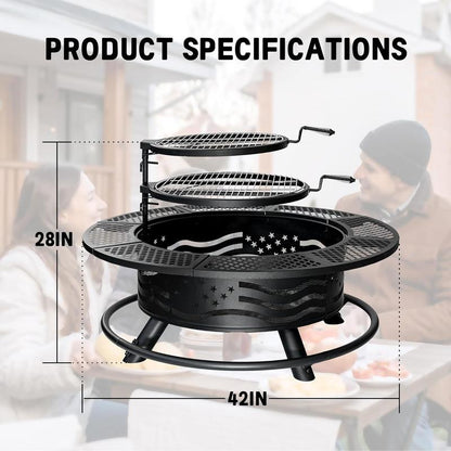 36/42/47" 3-in-1 Outdoor Fire Pit Table, Extra Large Wood Burning Firepit Equipped with Lid and Fire Poker
