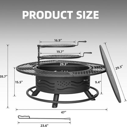 36/42/47" 3-in-1 Outdoor Fire Pit Table, Extra Large Wood Burning Firepit Equipped with Lid and Fire Poker
