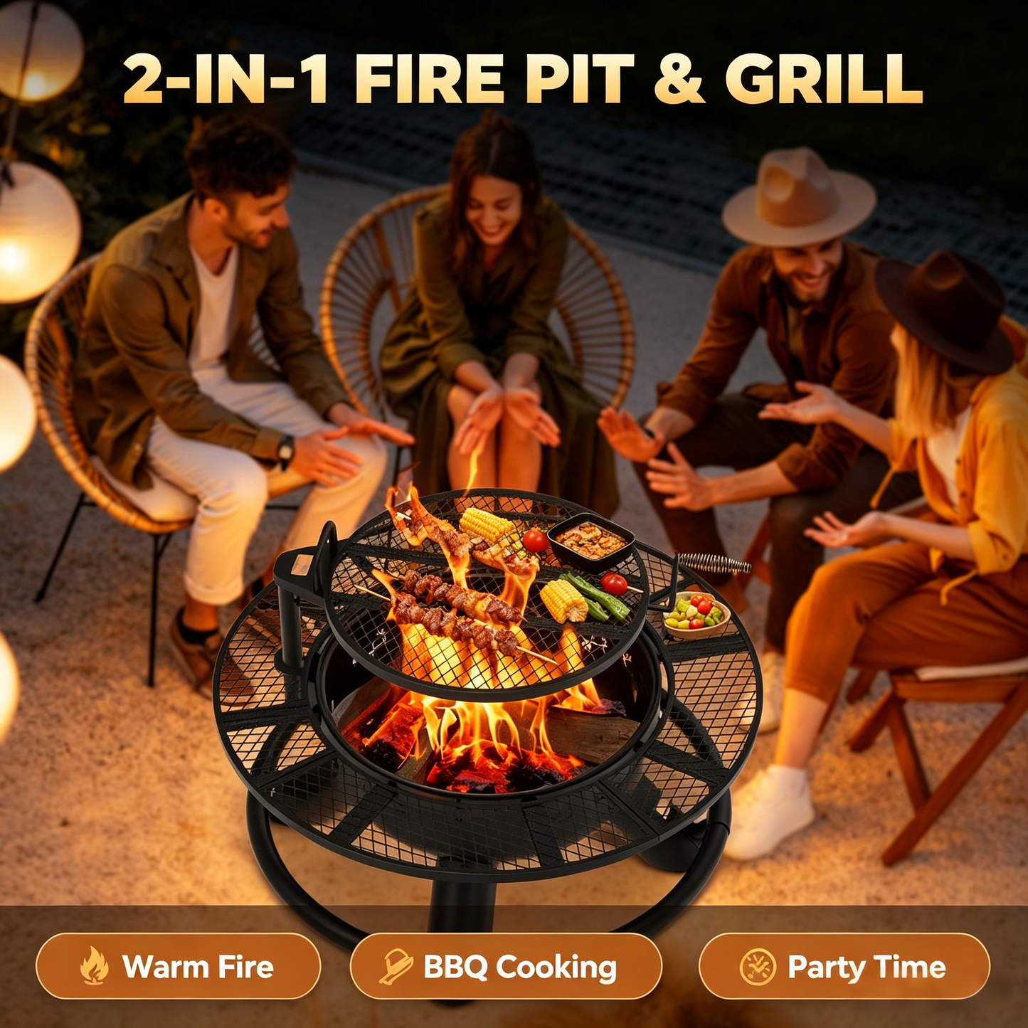 36/42/47" 3-in-1 Outdoor Fire Pit Table, Extra Large Wood Burning Firepit Equipped with Lid and Fire Poker