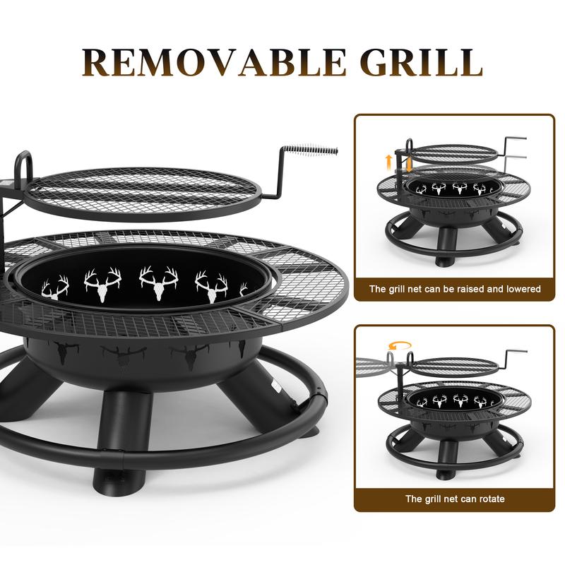 36/42/47" 3-in-1 Outdoor Fire Pit Table, Extra Large Wood Burning Firepit Equipped with Lid and Fire Poker