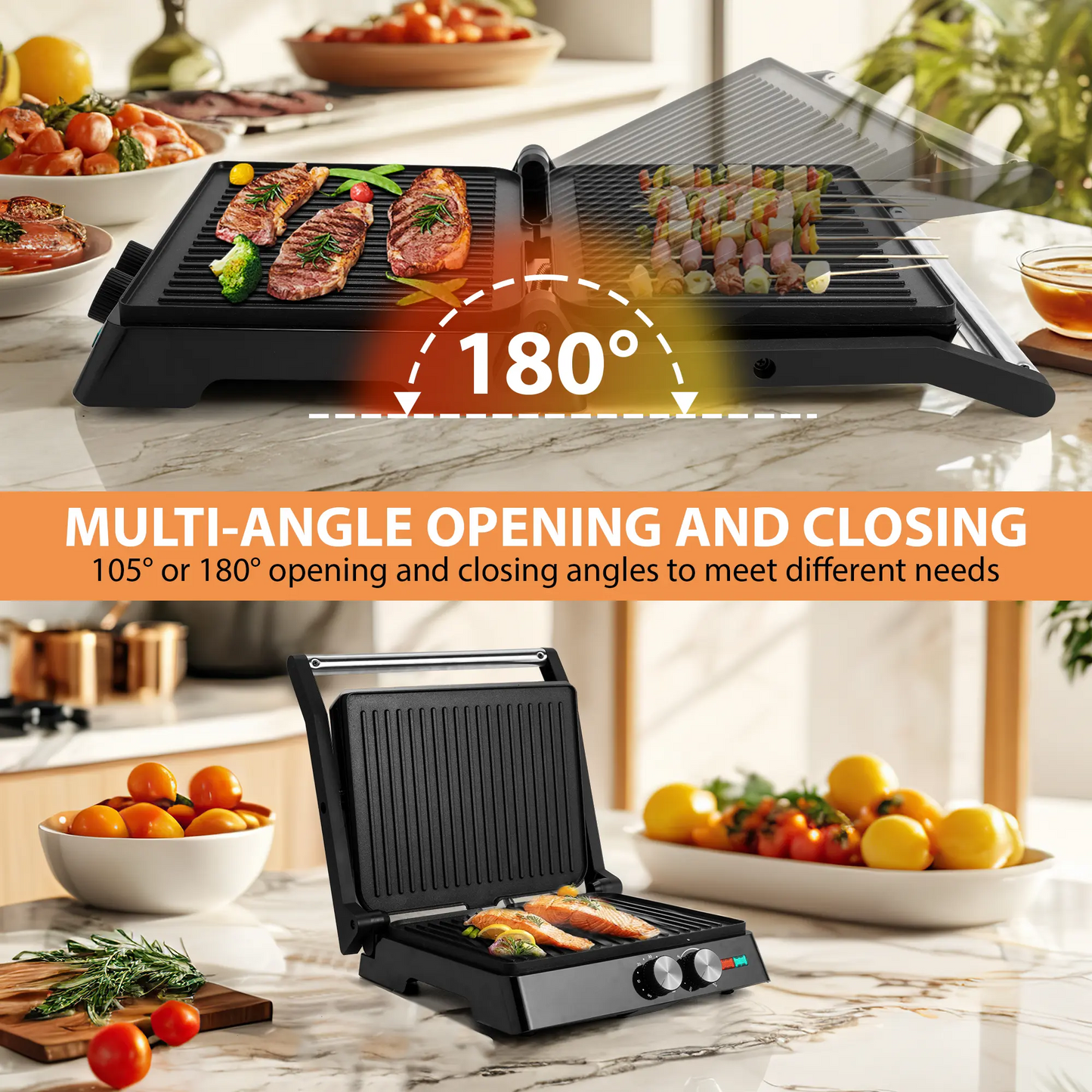 Electric Multifunction Sandwich & Panini Maker, Nonstick Indoor Griddle Toastie Machine Equipped with Grease Tray, Kitchen Appliance