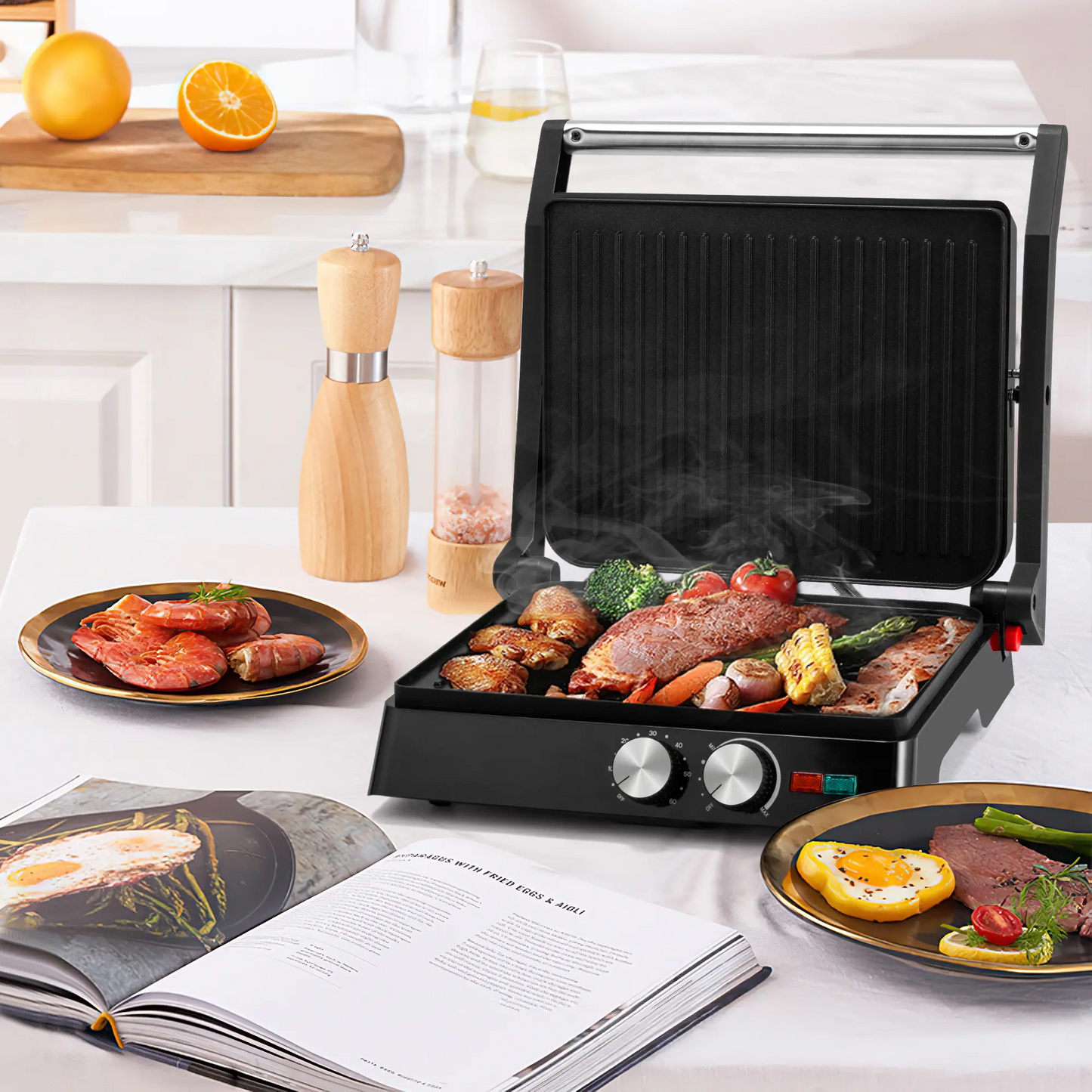 Electric Multifunction Sandwich & Panini Maker, Nonstick Indoor Griddle Toastie Machine Equipped with Grease Tray, Kitchen Appliance