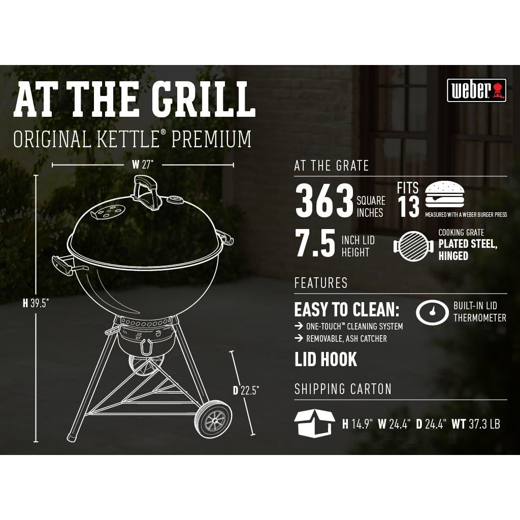 Original Kettle Premium Charcoal Grill, 22-Inch, Outdoor BBQ Grill with Built‑In Thermometer, Heat Control Dampers & One‑Touch™ Cleaning System