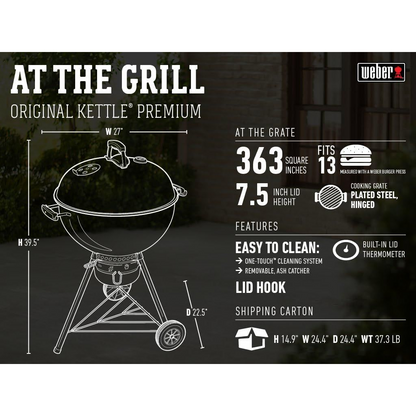 Original Kettle Premium Charcoal Grill, 22-Inch, Outdoor BBQ Grill with Built‑In Thermometer, Heat Control Dampers & One‑Touch™ Cleaning System